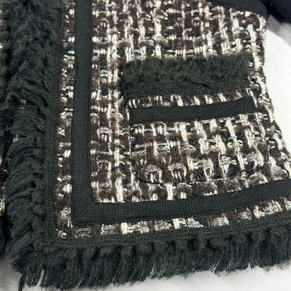 Tory Burch Tweed Fringe Jacket Size 8 Cropped Black Lined Boucle Wool‎ Blend